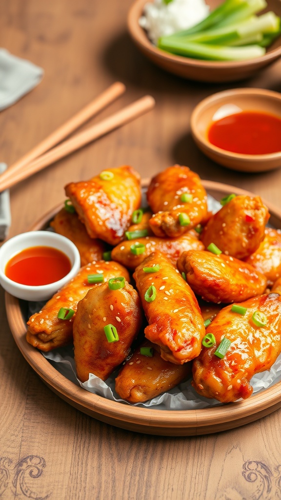 Crispy Chinese fried chicken wings on a bamboo tray with green onions, sesame seeds, and dipping sauce.